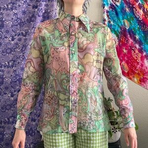 vintage 1970s fairycore goddess ethereal sheer longsleeve collard shirt